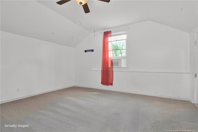 bonus room featuring baseboards, a ceiling fan, lofted ceiling, carpet, and cooling unit