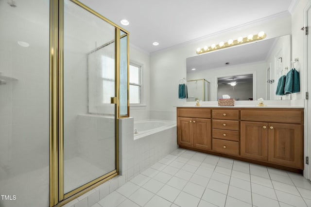 full bath with tile patterned flooring, crown molding, a shower stall, and a bath