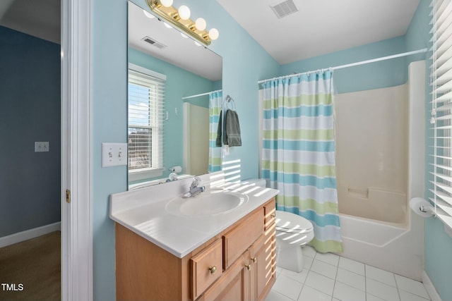 bathroom with shower / bath combination with curtain, tile patterned flooring, visible vents, and vanity