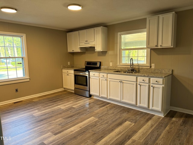 kitchen featuring crown molding, white cabinets, stainless steel electric range oven, and a sink