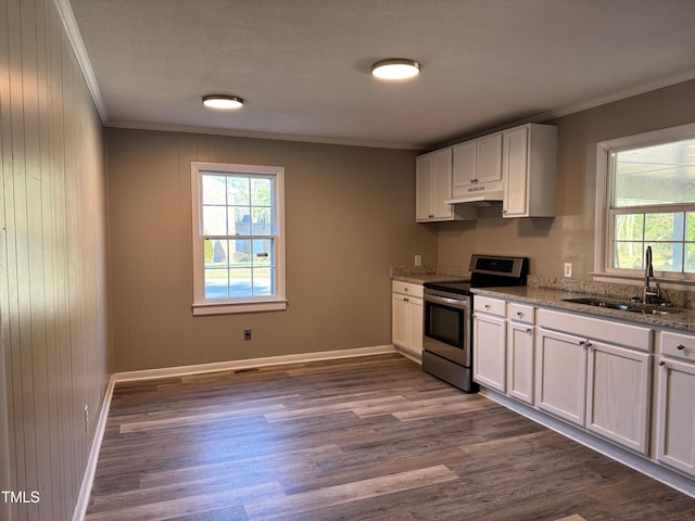 kitchen with stainless steel range with electric stovetop, white cabinetry, light stone counters, and a sink