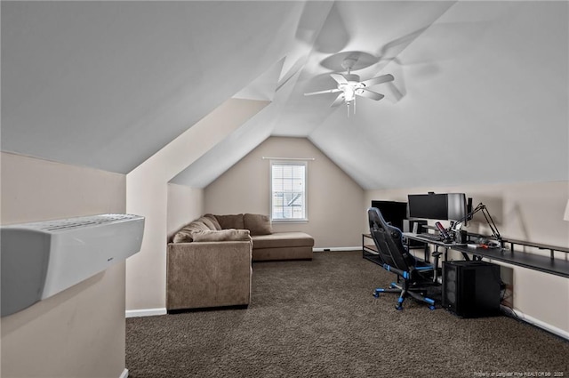 office area with lofted ceiling, baseboards, dark carpet, and a ceiling fan