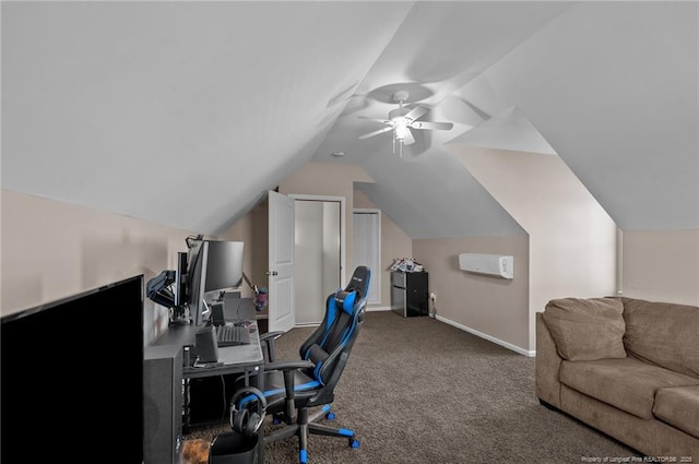 carpeted home office featuring vaulted ceiling, baseboards, and ceiling fan