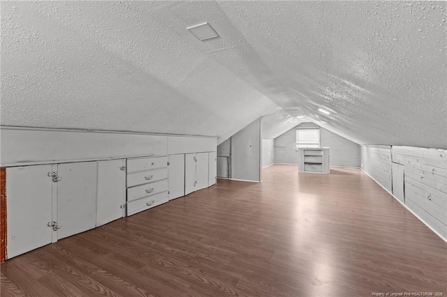 additional living space featuring lofted ceiling, a textured ceiling, and wood finished floors