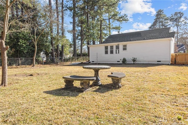 exterior space with crawl space, a fenced backyard, and a yard