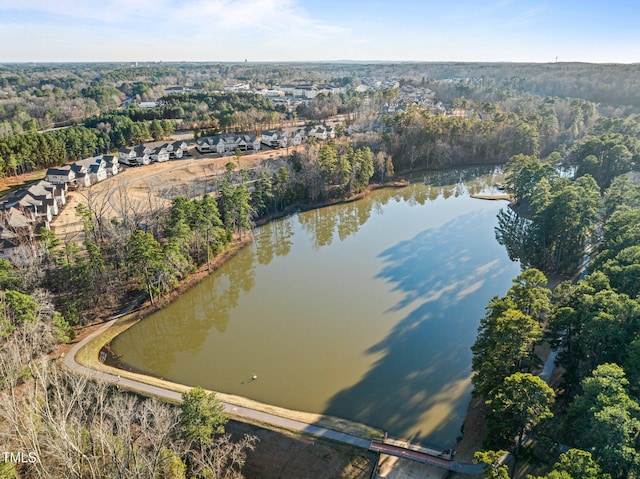 birds eye view of property featuring a water view and a view of trees