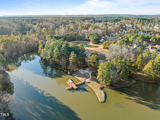 bird's eye view featuring a water view and a forest view