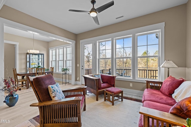 sunroom featuring ceiling fan and visible vents