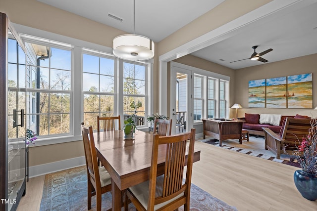 dining room with light wood-type flooring, visible vents, ceiling fan, and baseboards