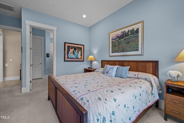 bedroom with recessed lighting, baseboards, visible vents, and light colored carpet