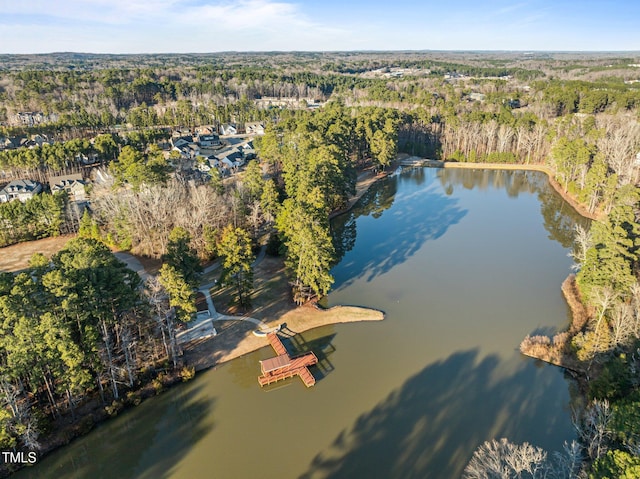 aerial view featuring a water view and a forest view