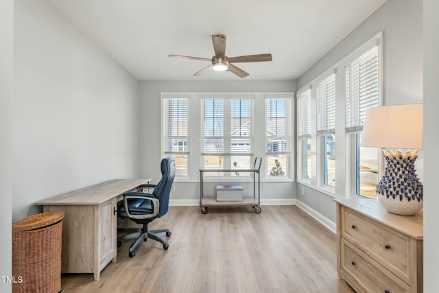 home office featuring light wood-type flooring, ceiling fan, and baseboards