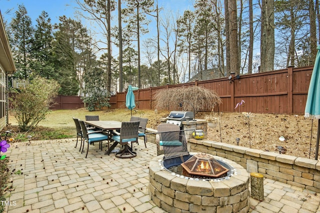 view of patio / terrace featuring outdoor dining space, a fenced backyard, and a fire pit