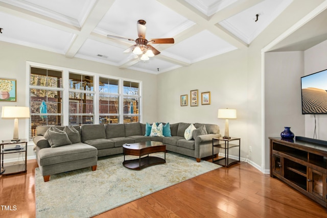 living room featuring ceiling fan, wood finished floors, coffered ceiling, beamed ceiling, and baseboards