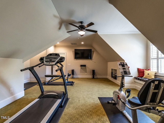 exercise room featuring baseboards, lofted ceiling, ceiling fan, ornamental molding, and recessed lighting