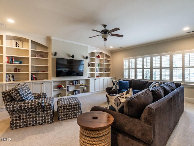 carpeted living room with visible vents, a ceiling fan, crown molding, and recessed lighting