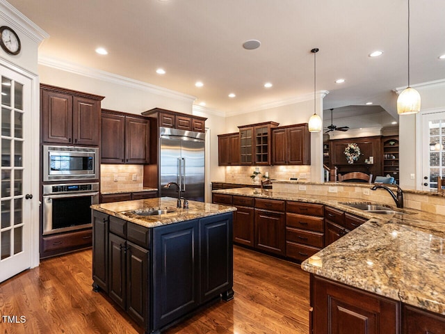 kitchen featuring dark wood-type flooring, a sink, and built in appliances