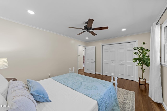 bedroom with recessed lighting, wood finished floors, and crown molding