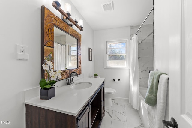 full bath with toilet, vanity, visible vents, marble finish floor, and shower / bath combination with curtain