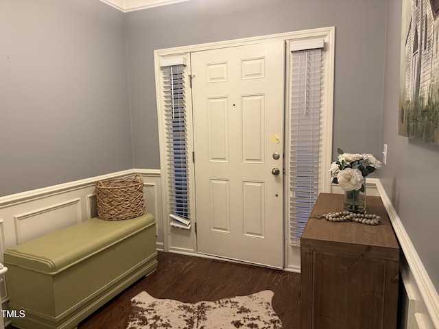 foyer entrance featuring dark wood-type flooring, a wainscoted wall, and a decorative wall