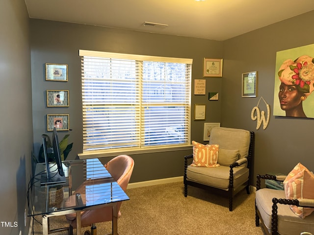 home office featuring carpet flooring, visible vents, and baseboards