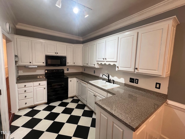 kitchen with crown molding, light floors, white cabinetry, a sink, and black appliances