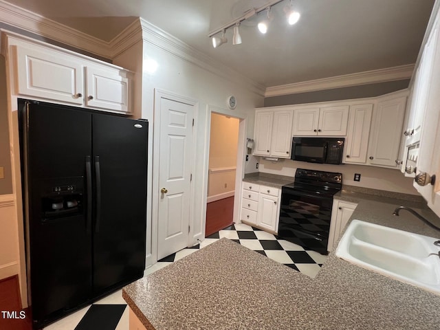 kitchen with light floors, crown molding, black appliances, white cabinetry, and a sink