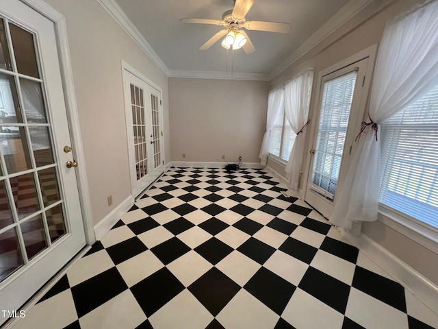 interior space with ornamental molding, french doors, baseboards, and light floors