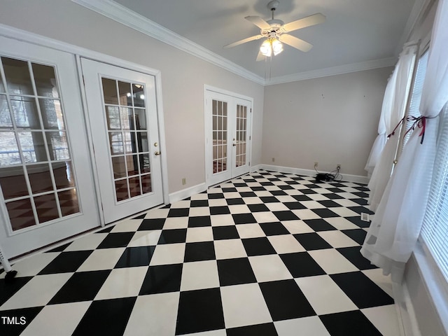 empty room featuring tile patterned floors, baseboards, ornamental molding, and french doors