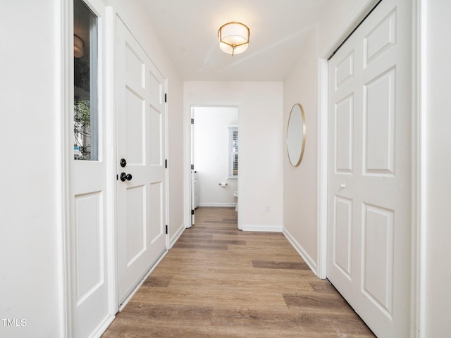 hall with baseboards, plenty of natural light, and light wood-style floors