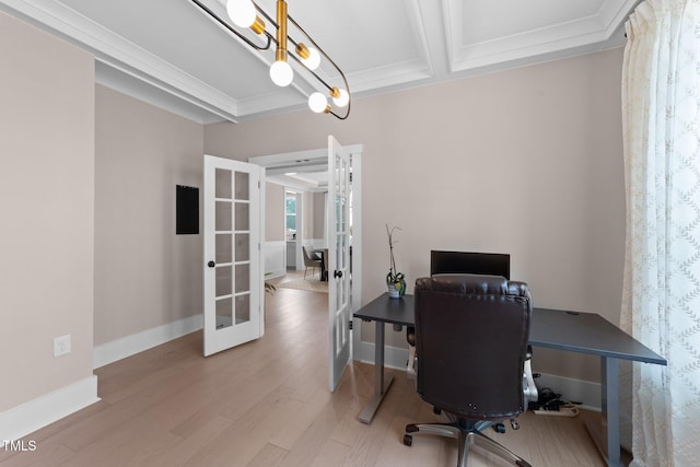 office with baseboards, french doors, light wood finished floors, beamed ceiling, and crown molding