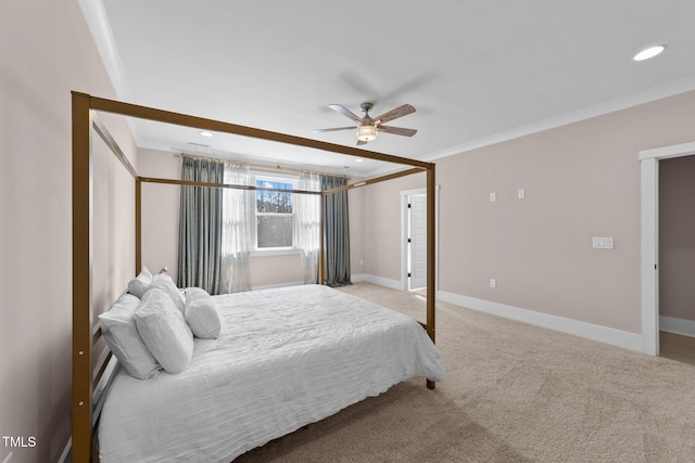 bedroom featuring recessed lighting, ornamental molding, light carpet, ceiling fan, and baseboards