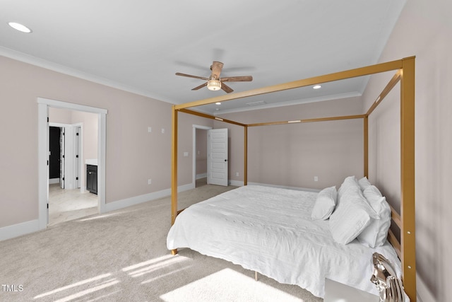 bedroom with recessed lighting, baseboards, crown molding, and light colored carpet