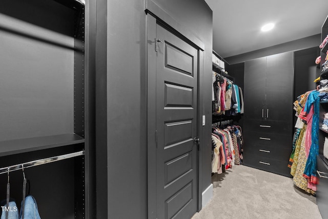 spacious closet featuring light carpet