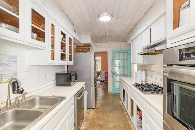 kitchen with under cabinet range hood, a sink, light countertops, appliances with stainless steel finishes, and glass insert cabinets