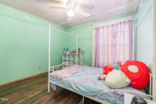 bedroom with wood ceiling, dark wood finished floors, and ceiling fan