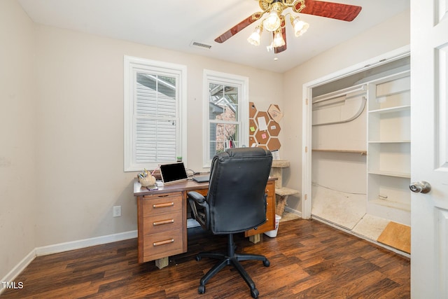 office featuring baseboards, visible vents, dark wood finished floors, and a ceiling fan