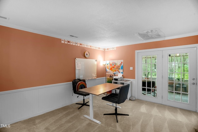 214 Woodcrest Ave, Smithfield, NC 27577 - office area featuring wainscoting, carpet floors, crown molding, and a textured ceiling