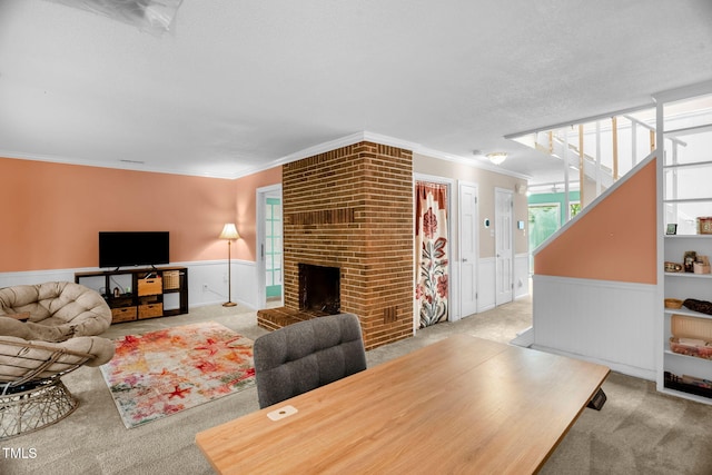 214 Woodcrest Ave, Smithfield, NC 27577 - carpeted living room with crown molding, wainscoting, and a brick fireplace
