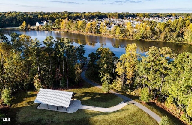 bird's eye view with a water view and a forest view