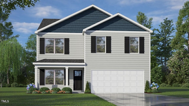 view of front of house featuring driveway, a front lawn, and an attached garage