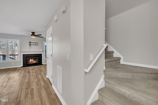 stairway with visible vents, a glass covered fireplace, ceiling fan, wood finished floors, and baseboards