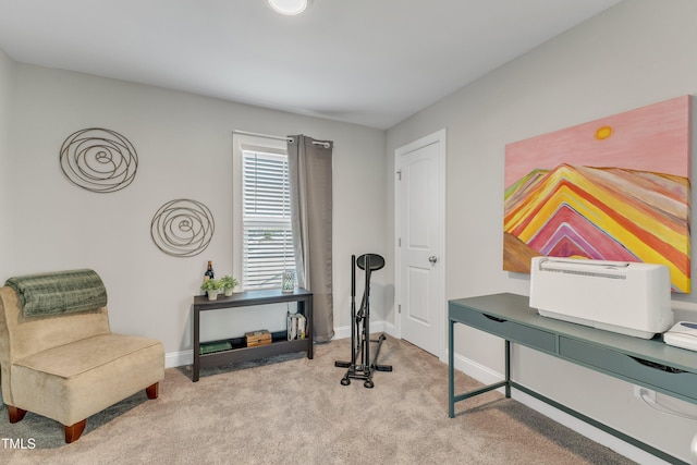 exercise room featuring carpet and baseboards