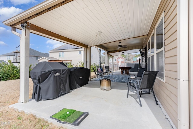 view of patio / terrace with ceiling fan, outdoor dining area, grilling area, and fence