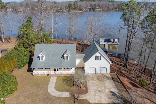 drone / aerial view featuring a water view