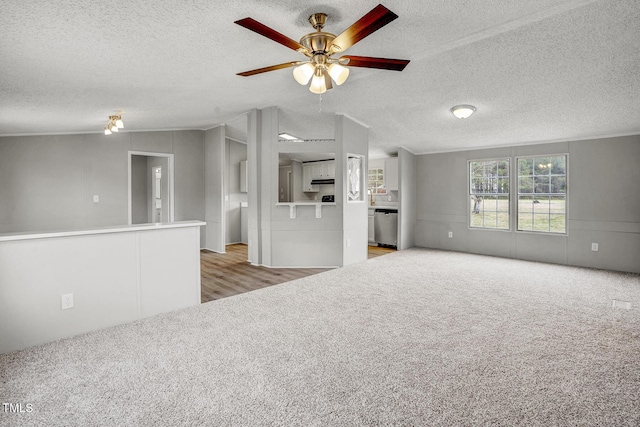 carpeted spare room with a ceiling fan, lofted ceiling, ornamental molding, and a textured ceiling