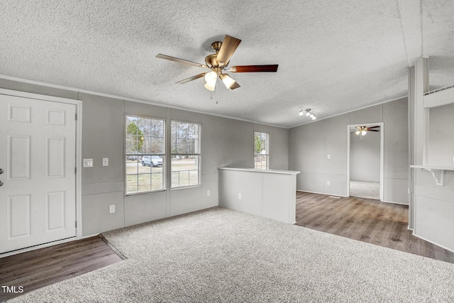 carpeted spare room featuring a ceiling fan, ornamental molding, a textured ceiling, and wood finished floors