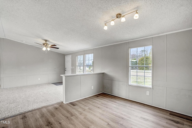 carpeted spare room featuring crown molding, a decorative wall, ceiling fan, a textured ceiling, and wood finished floors