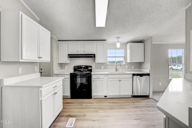 kitchen with under cabinet range hood, a sink, black electric range, stainless steel dishwasher, and light wood-type flooring