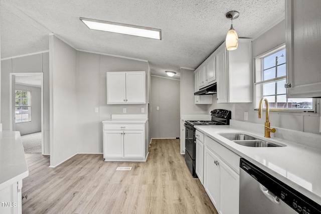 kitchen featuring black range with electric stovetop, under cabinet range hood, vaulted ceiling, stainless steel dishwasher, and a sink